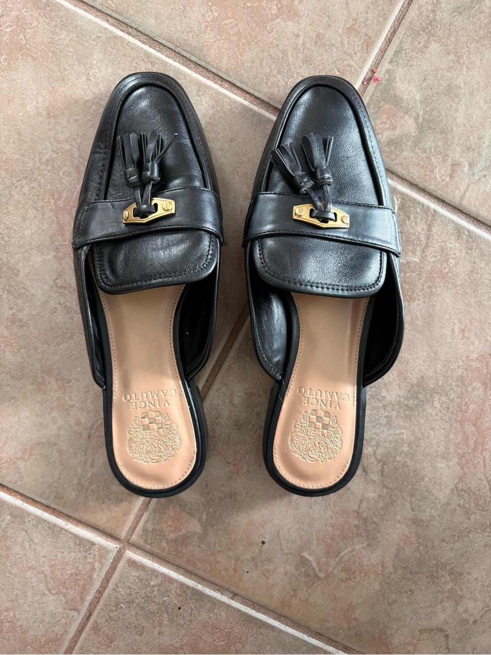 Vince Camuto Black Leather Tassel Mule Loafers